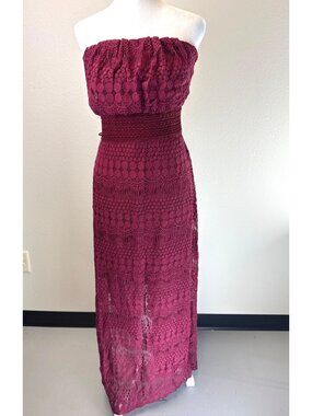 Vanity Vintage Y2K Crochet Strapless Midi Burgundy Boho Dress Size Small
